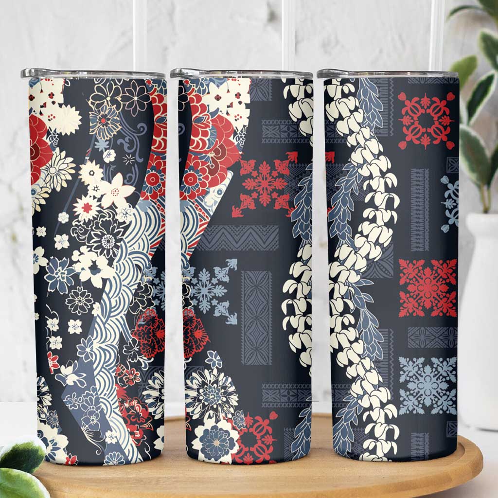 Hawaii Puakenikeni and Maile Lei Skinny Tumbler Navy Blue Japanese Wave Style LT9 - Polynesian Pride