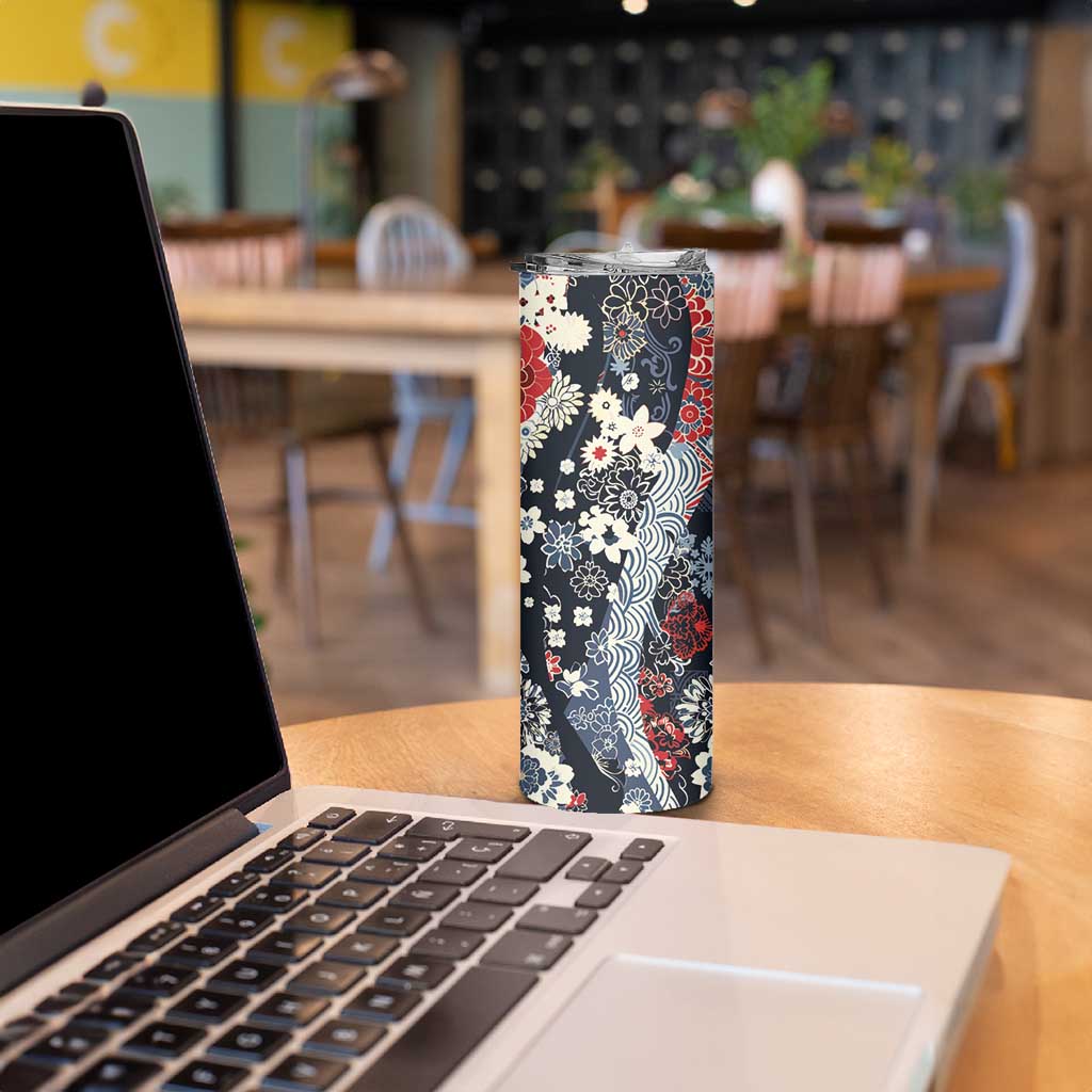 Hawaii Puakenikeni and Maile Lei Skinny Tumbler Navy Blue Japanese Wave Style LT9 - Polynesian Pride