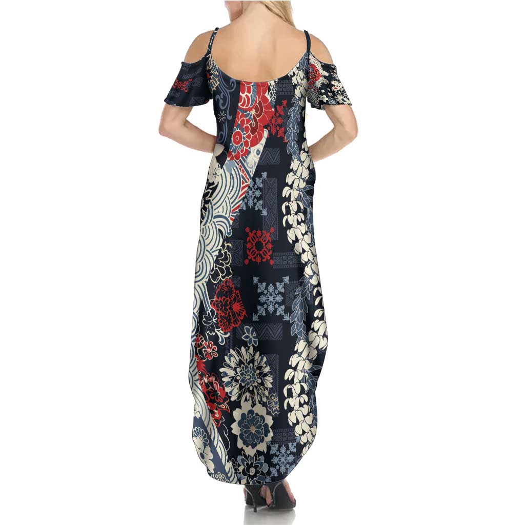Hawaii Puakenikeni and Maile Lei Summer Maxi Dress Navy Blue Japanese Wave Style - Polynesian Pride