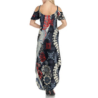 Hawaii Puakenikeni and Maile Lei Summer Maxi Dress Navy Blue Japanese Wave Style - Polynesian Pride
