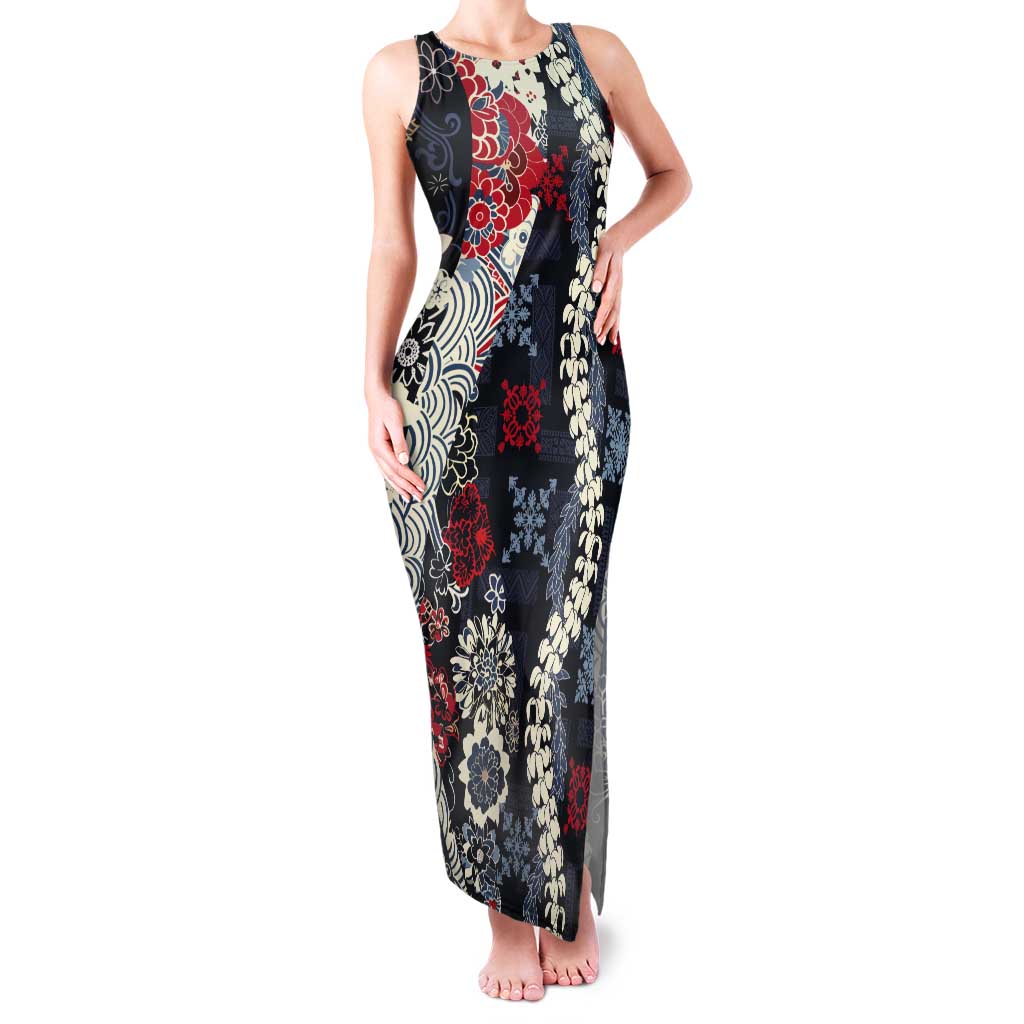 Hawaii Puakenikeni and Maile Lei Tank Maxi Dress Navy Blue Japanese Wave Style - Polynesian Pride