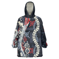 Hawaii Puakenikeni and Maile Lei Wearable Blanket Hoodie Navy Blue Japanese Wave Style LT9 One Size Navy Blue - Polynesian Pride