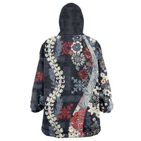 Hawaii Puakenikeni and Maile Lei Wearable Blanket Hoodie Navy Blue Japanese Wave Style LT9 - Polynesian Pride