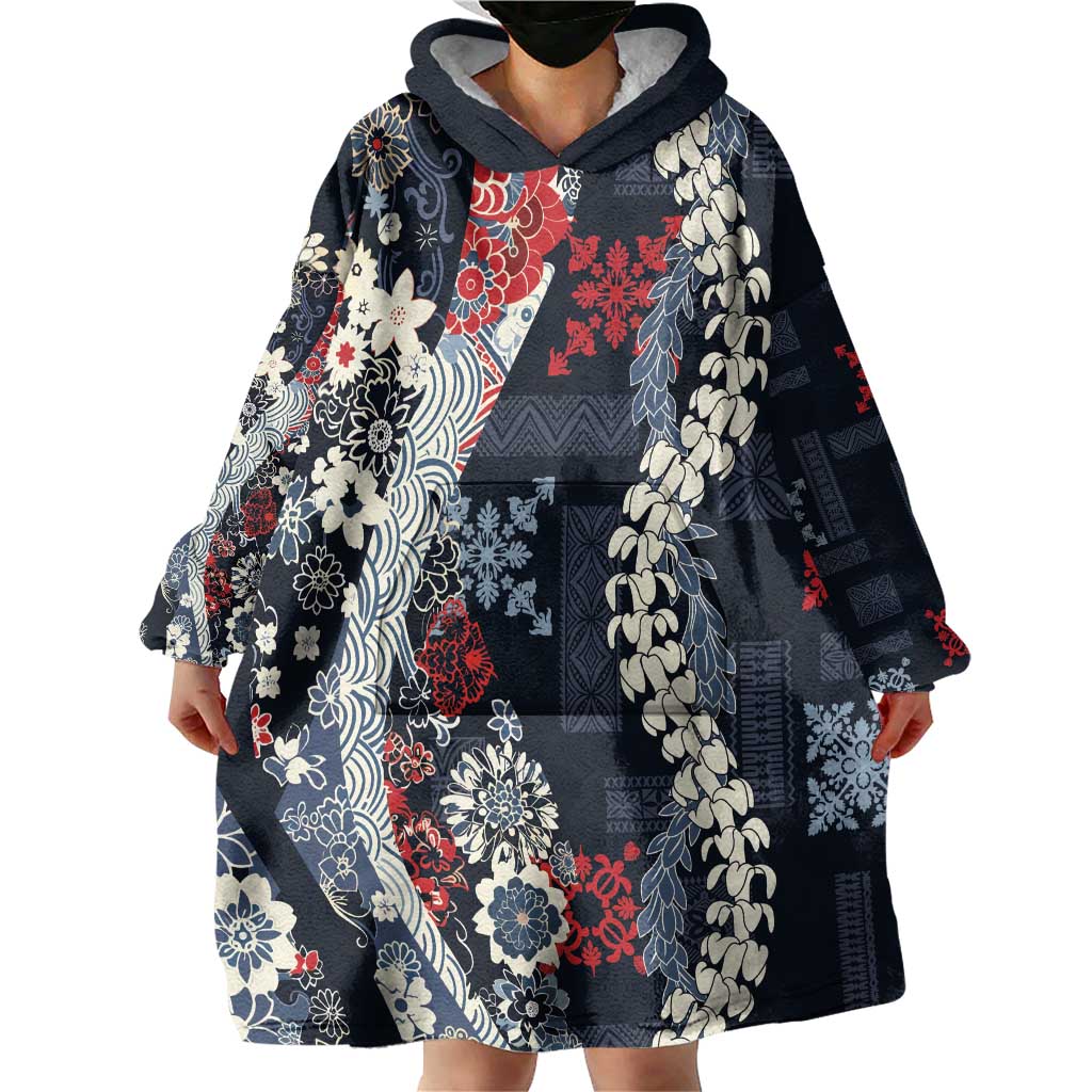 Hawaii Puakenikeni and Maile Lei Wearable Blanket Hoodie Navy Blue Japanese Wave Style LT9 - Polynesian Pride
