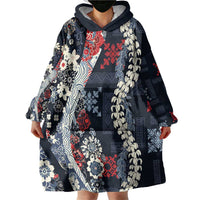 Hawaii Puakenikeni and Maile Lei Wearable Blanket Hoodie Navy Blue Japanese Wave Style LT9 - Polynesian Pride