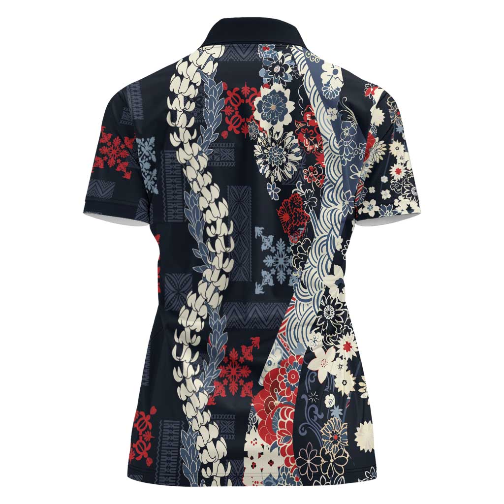 Hawaii Puakenikeni and Maile Lei Women Polo Shirt Navy Blue Japanese Wave Style - Polynesian Pride
