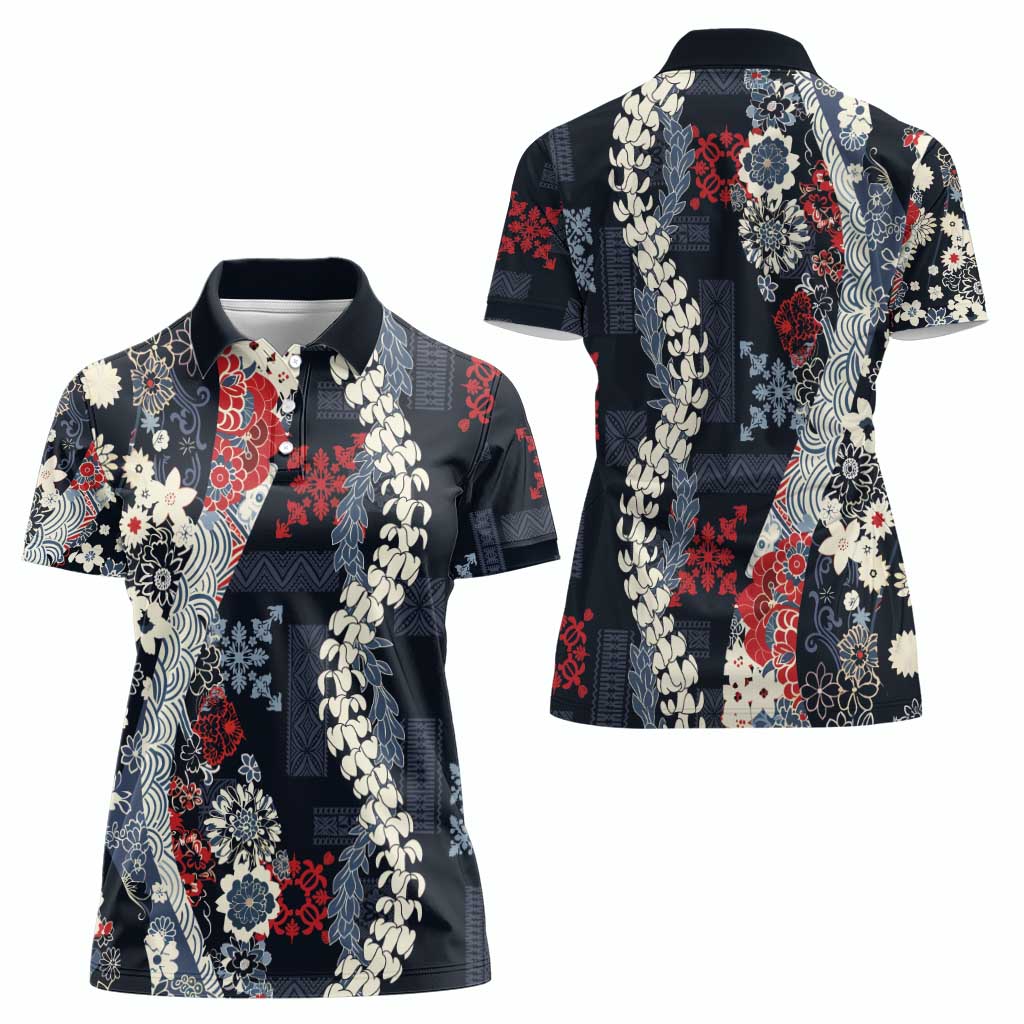 Hawaii Puakenikeni and Maile Lei Women Polo Shirt Navy Blue Japanese Wave Style - Polynesian Pride