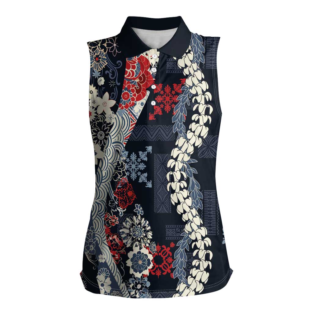 Hawaii Puakenikeni and Maile Lei Women Sleeveless Polo Shirt Navy Blue Japanese Wave Style LT9 Female Navy Blue - Polynesian Pride