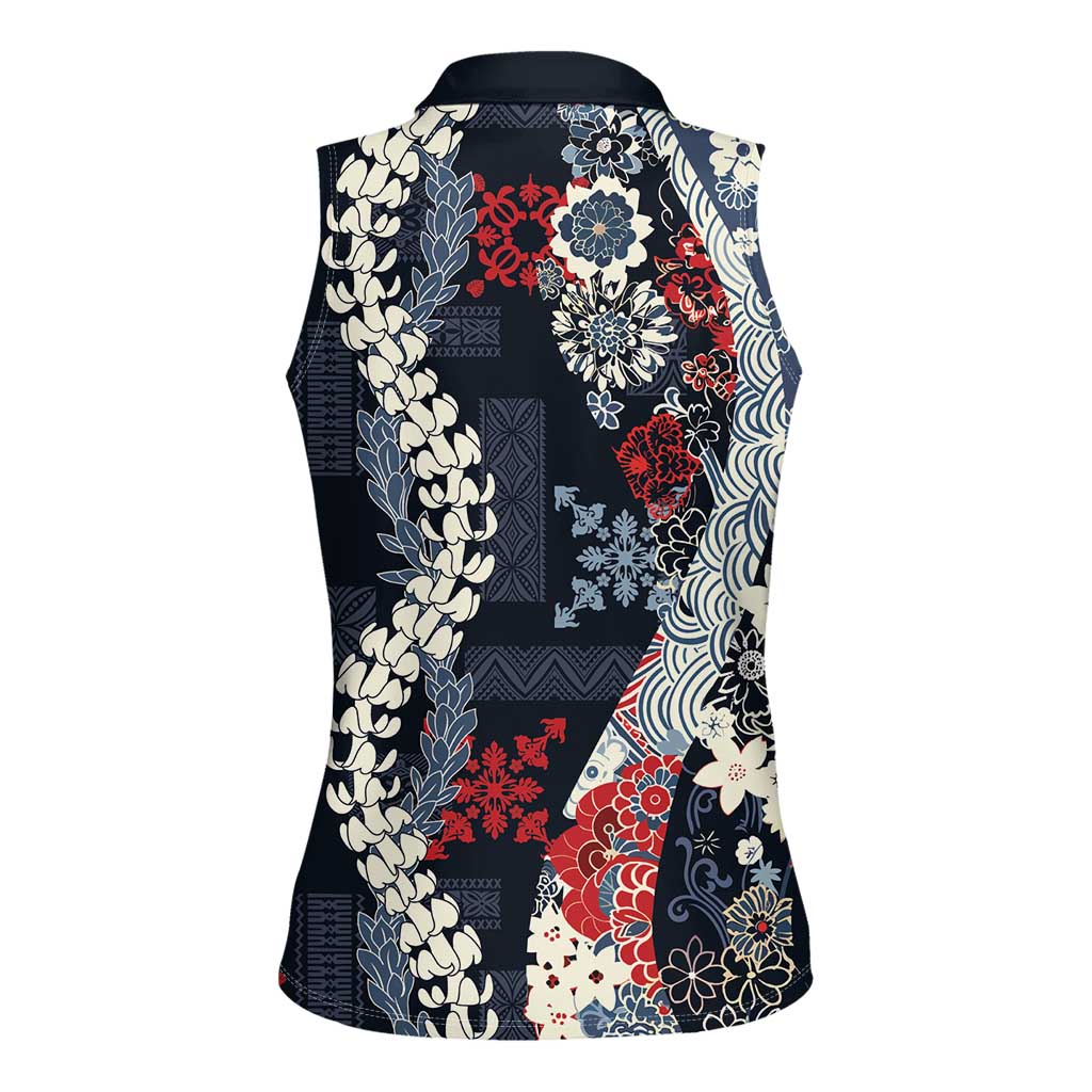 Hawaii Puakenikeni and Maile Lei Women Sleeveless Polo Shirt Navy Blue Japanese Wave Style LT9 - Polynesian Pride