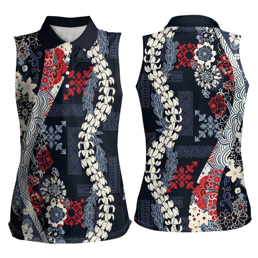 Hawaii Puakenikeni and Maile Lei Women Sleeveless Polo Shirt Navy Blue Japanese Wave Style LT9 - Polynesian Pride
