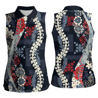 Hawaii Puakenikeni and Maile Lei Women Sleeveless Polo Shirt Navy Blue Japanese Wave Style LT9 - Polynesian Pride