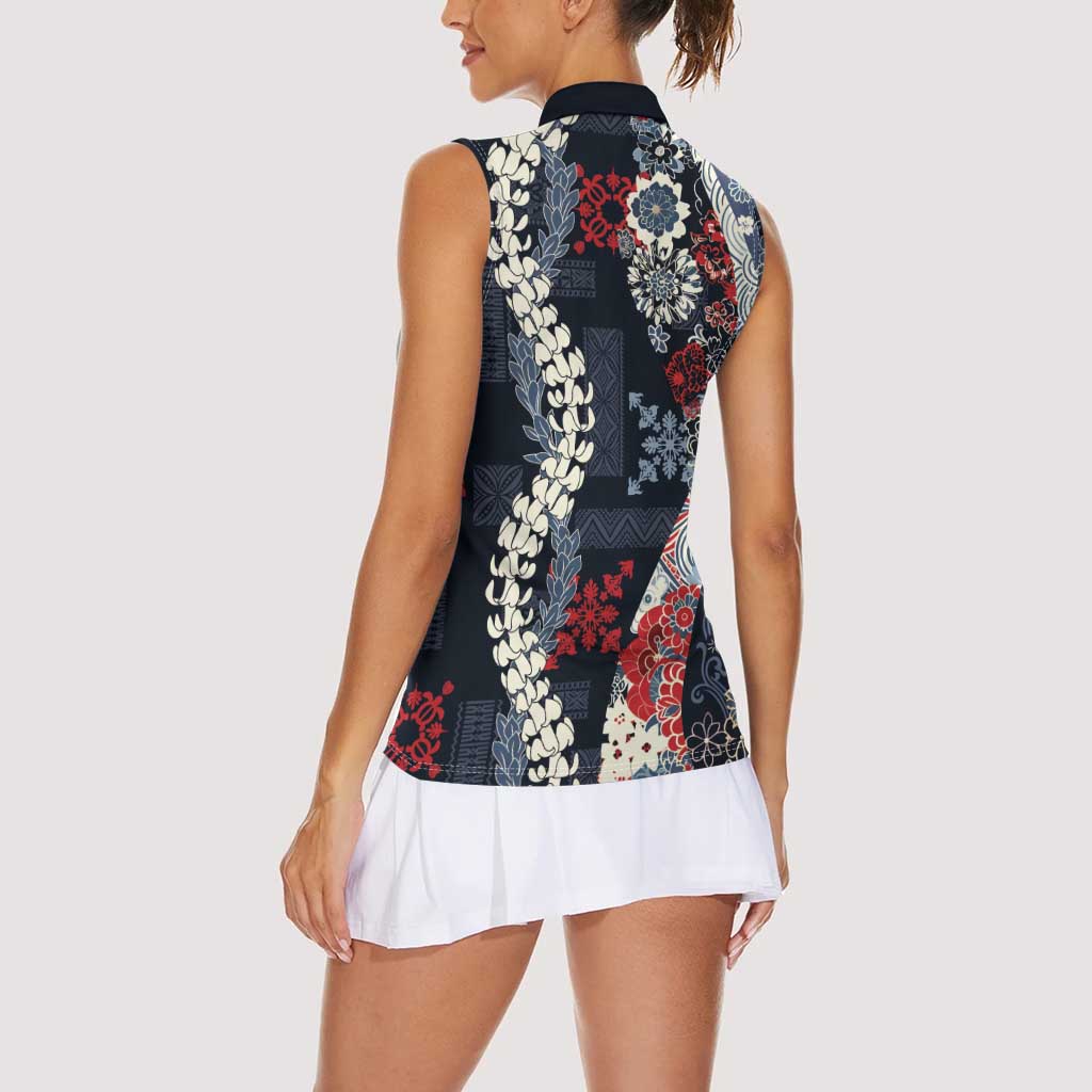 Hawaii Puakenikeni and Maile Lei Women Sleeveless Polo Shirt Navy Blue Japanese Wave Style LT9 - Polynesian Pride