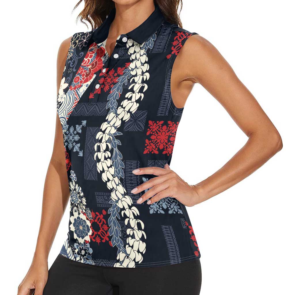 Hawaii Puakenikeni and Maile Lei Women Sleeveless Polo Shirt Navy Blue Japanese Wave Style LT9 - Polynesian Pride