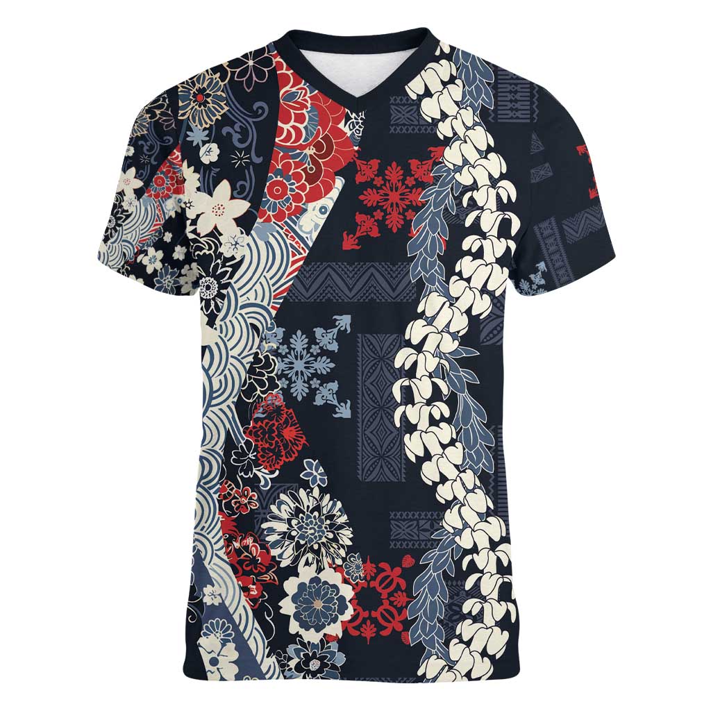 Hawaii Puakenikeni and Maile Lei Women V-Neck T-Shirt Navy Blue Japanese Wave Style LT9 Female Navy Blue - Polynesian Pride