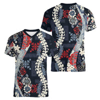 Hawaii Puakenikeni and Maile Lei Women V-Neck T-Shirt Navy Blue Japanese Wave Style LT9 - Polynesian Pride