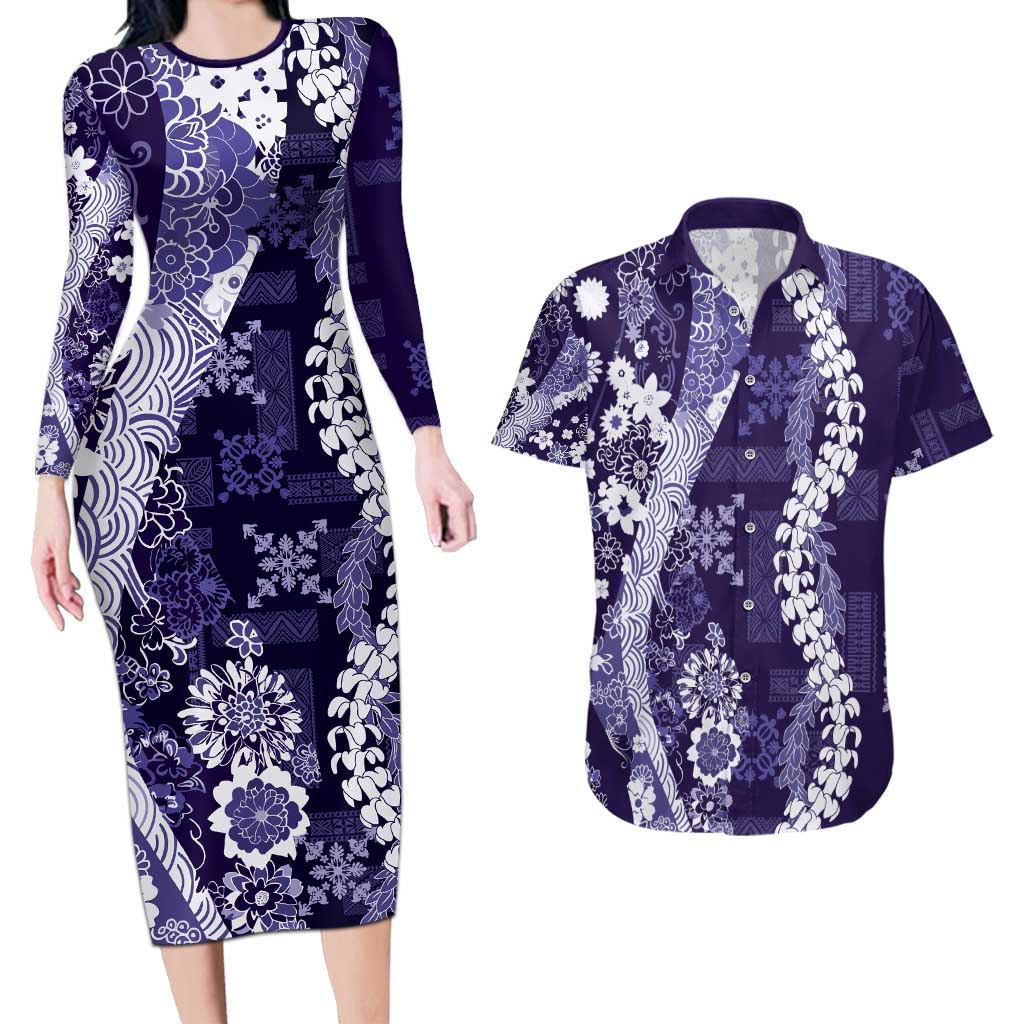 Hawaii Puakenikeni and Maile Lei Couples Matching Long Sleeve Bodycon Dress and Hawaiian Shirt Purple Japanese Wave Style LT9 Purple - Polynesian Pride