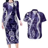 Hawaii Puakenikeni and Maile Lei Couples Matching Long Sleeve Bodycon Dress and Hawaiian Shirt Purple Japanese Wave Style LT9 Purple - Polynesian Pride