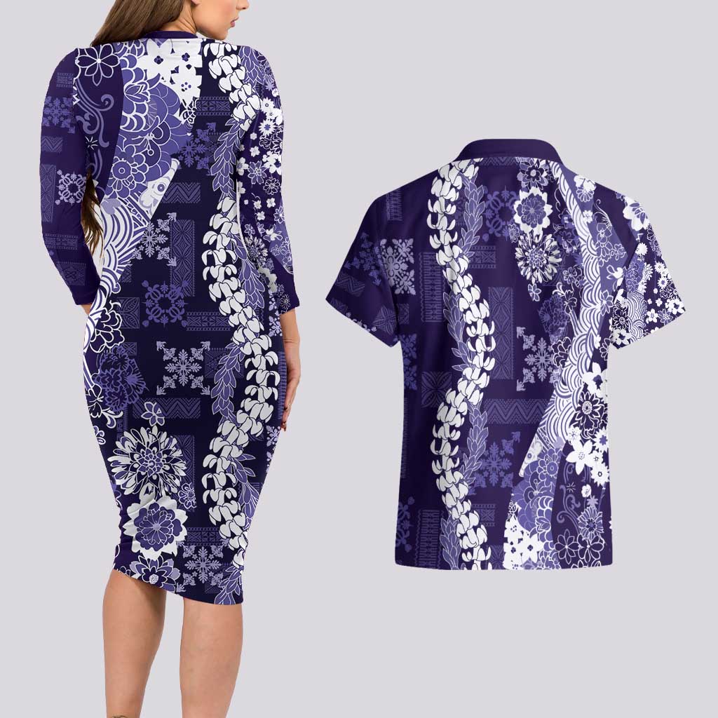 Hawaii Puakenikeni and Maile Lei Couples Matching Long Sleeve Bodycon Dress and Hawaiian Shirt Purple Japanese Wave Style LT9 - Polynesian Pride