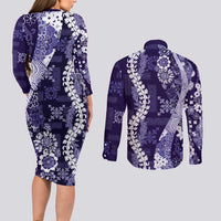 Hawaii Puakenikeni and Maile Lei Couples Matching Long Sleeve Bodycon Dress and Long Sleeve Button Shirt Purple Japanese Wave Style LT9 - Polynesian Pride