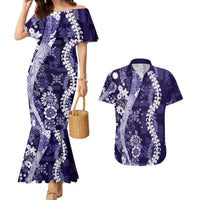 Hawaii Puakenikeni and Maile Lei Couples Matching Mermaid Dress and Hawaiian Shirt Purple Japanese Wave Style LT9 Purple - Polynesian Pride