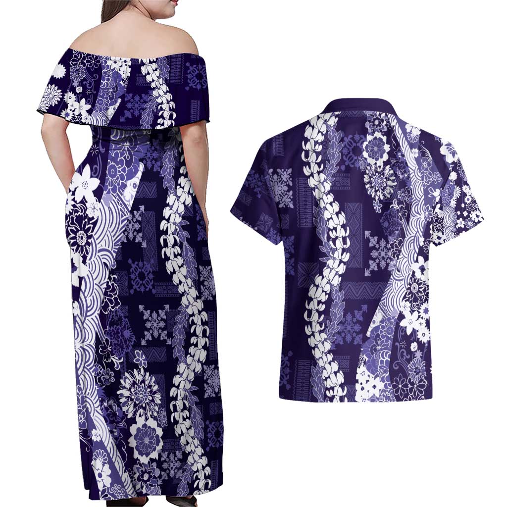 Hawaii Puakenikeni and Maile Lei Couples Matching Off Shoulder Maxi Dress and Hawaiian Shirt Purple Japanese Wave Style LT9 - Polynesian Pride