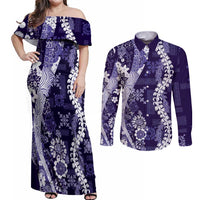 Hawaii Puakenikeni and Maile Lei Couples Matching Off Shoulder Maxi Dress and Long Sleeve Button Shirt Purple Japanese Wave Style LT9 Purple - Polynesian Pride