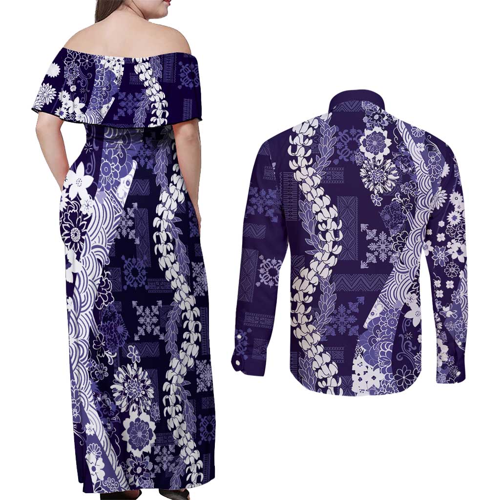 Hawaii Puakenikeni and Maile Lei Couples Matching Off Shoulder Maxi Dress and Long Sleeve Button Shirt Purple Japanese Wave Style LT9 - Polynesian Pride