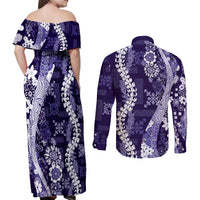 Hawaii Puakenikeni and Maile Lei Couples Matching Off Shoulder Maxi Dress and Long Sleeve Button Shirt Purple Japanese Wave Style LT9 - Polynesian Pride