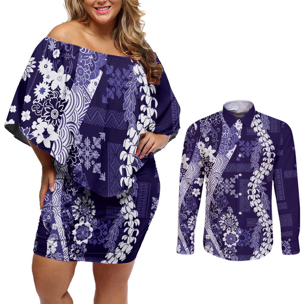 Hawaii Puakenikeni and Maile Lei Couples Matching Off Shoulder Short Dress and Long Sleeve Button Shirt Purple Japanese Wave Style LT9 Purple - Polynesian Pride