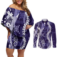 Hawaii Puakenikeni and Maile Lei Couples Matching Off Shoulder Short Dress and Long Sleeve Button Shirt Purple Japanese Wave Style LT9 Purple - Polynesian Pride