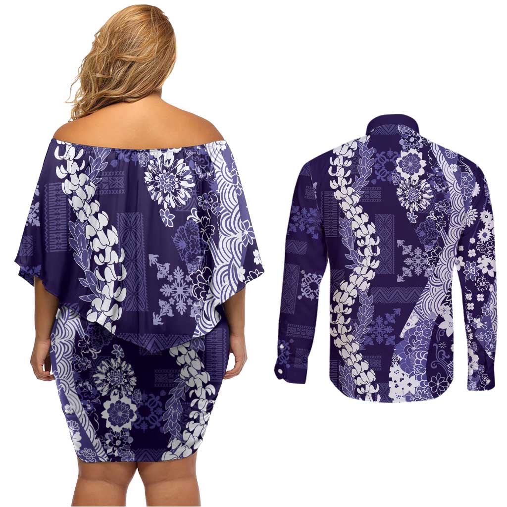 Hawaii Puakenikeni and Maile Lei Couples Matching Off Shoulder Short Dress and Long Sleeve Button Shirt Purple Japanese Wave Style LT9 - Polynesian Pride