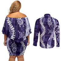 Hawaii Puakenikeni and Maile Lei Couples Matching Off Shoulder Short Dress and Long Sleeve Button Shirt Purple Japanese Wave Style LT9 - Polynesian Pride