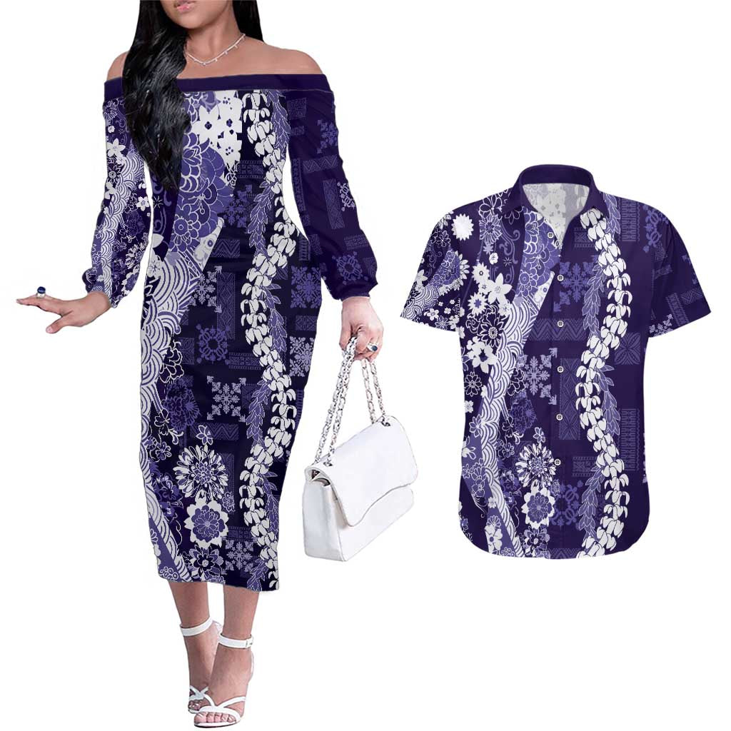 Hawaii Puakenikeni and Maile Lei Couples Matching Off The Shoulder Long Sleeve Dress and Hawaiian Shirt Purple Japanese Wave Style LT9 Purple - Polynesian Pride