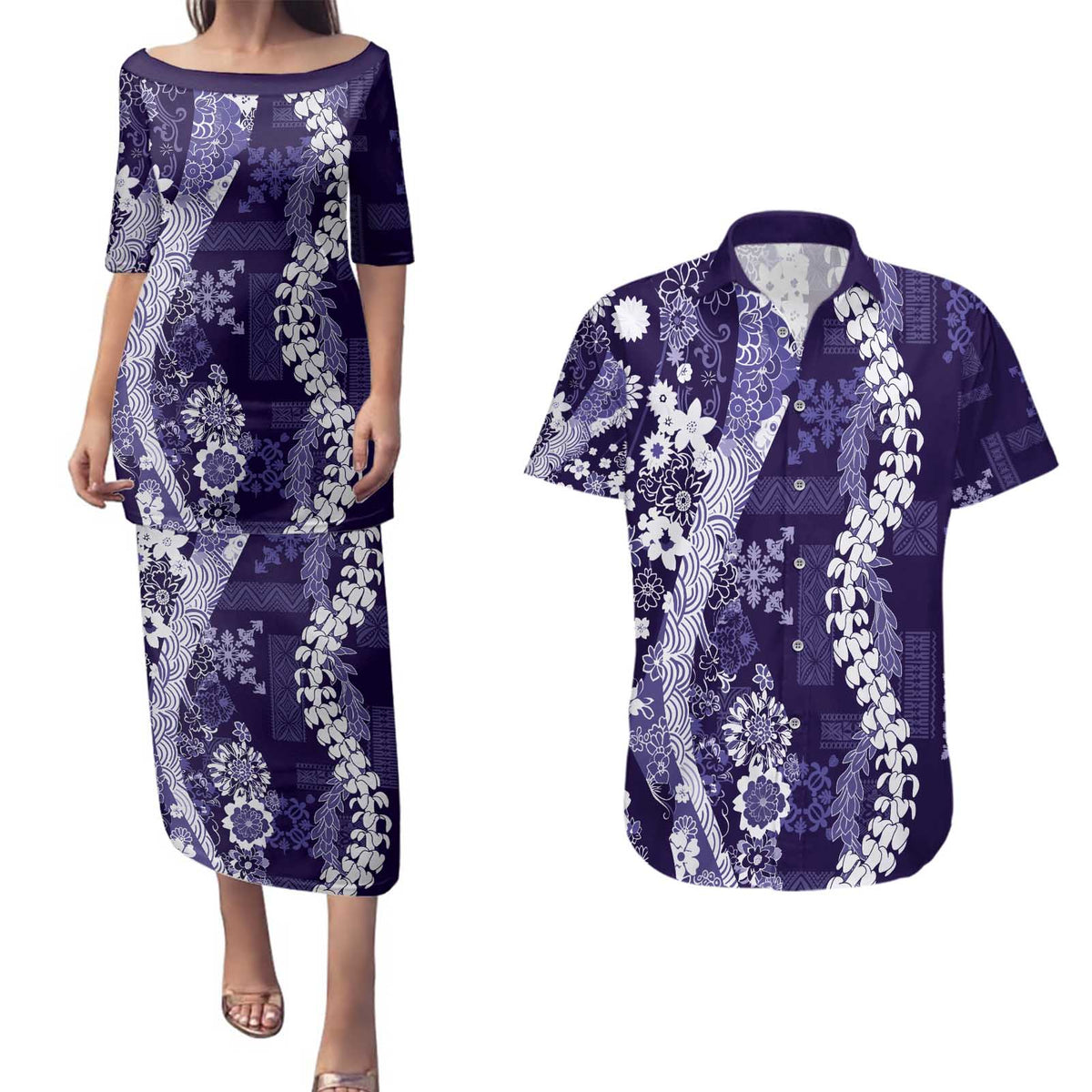 Hawaii Puakenikeni and Maile Lei Couples Matching Puletasi and Hawaiian Shirt Purple Japanese Wave Style LT9 Purple - Polynesian Pride