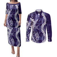 Hawaii Puakenikeni and Maile Lei Couples Matching Puletasi and Long Sleeve Button Shirt Purple Japanese Wave Style LT9 Purple - Polynesian Pride