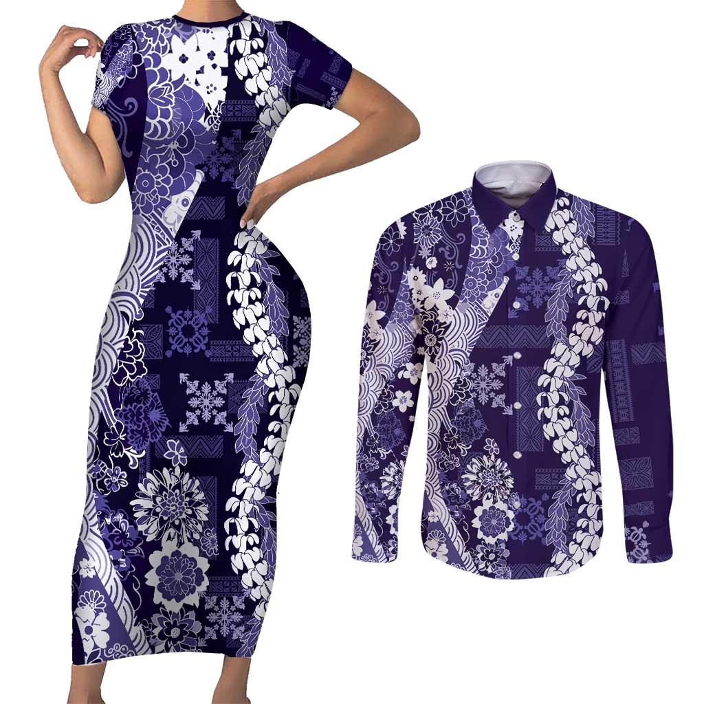 Hawaii Puakenikeni and Maile Lei Couples Matching Short Sleeve Bodycon Dress and Long Sleeve Button Shirt Purple Japanese Wave Style LT9 Purple - Polynesian Pride