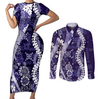 Hawaii Puakenikeni and Maile Lei Couples Matching Short Sleeve Bodycon Dress and Long Sleeve Button Shirt Purple Japanese Wave Style LT9 Purple - Polynesian Pride