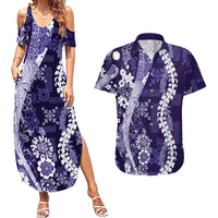 Hawaii Puakenikeni and Maile Lei Couples Matching Summer Maxi Dress and Hawaiian Shirt Purple Japanese Wave Style LT9 Purple - Polynesian Pride