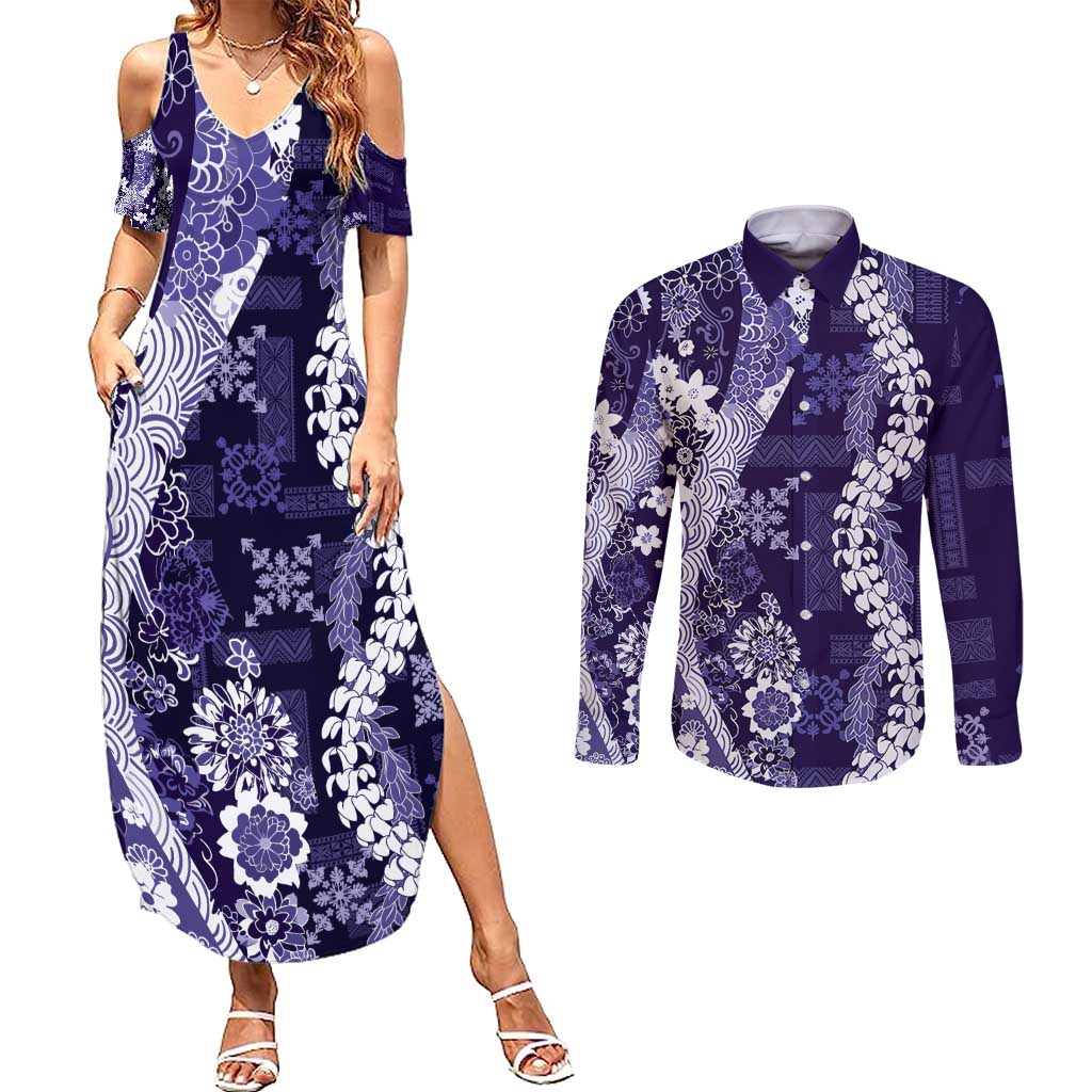 Hawaii Puakenikeni and Maile Lei Couples Matching Summer Maxi Dress and Long Sleeve Button Shirt Purple Japanese Wave Style LT9 Purple - Polynesian Pride