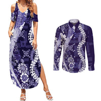 Hawaii Puakenikeni and Maile Lei Couples Matching Summer Maxi Dress and Long Sleeve Button Shirt Purple Japanese Wave Style LT9 Purple - Polynesian Pride