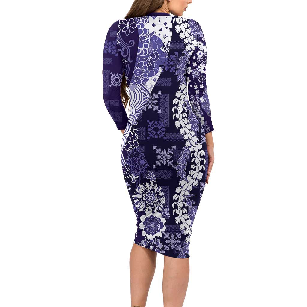 Hawaii Puakenikeni and Maile Lei Family Matching Long Sleeve Bodycon Dress and Hawaiian Shirt Purple Japanese Wave Style LT9 - Polynesian Pride