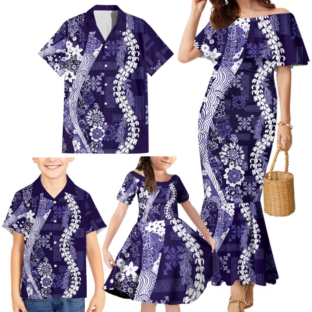 Hawaii Puakenikeni and Maile Lei Family Matching Mermaid Dress and Hawaiian Shirt Purple Japanese Wave Style LT9 - Polynesian Pride