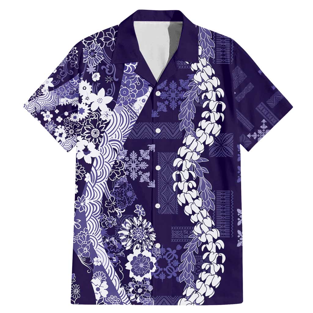 Hawaii Puakenikeni and Maile Lei Family Matching Mermaid Dress and Hawaiian Shirt Purple Japanese Wave Style LT9 Dad's Shirt - Short Sleeve Purple - Polynesian Pride