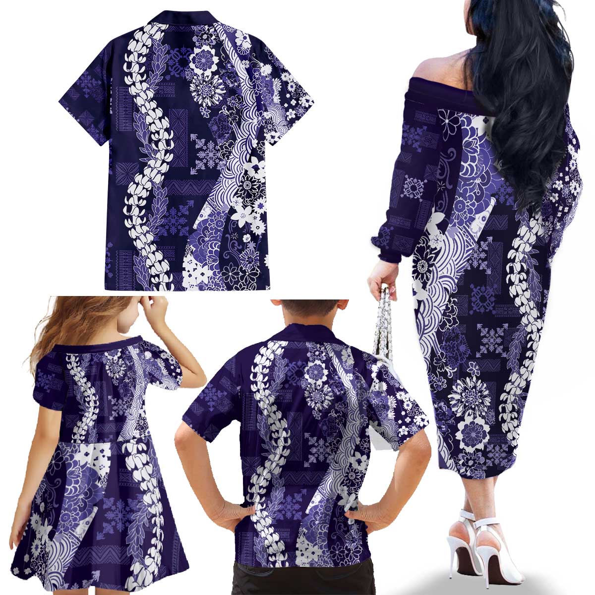 Hawaii Puakenikeni and Maile Lei Family Matching Off The Shoulder Long Sleeve Dress and Hawaiian Shirt Purple Japanese Wave Style LT9 - Polynesian Pride