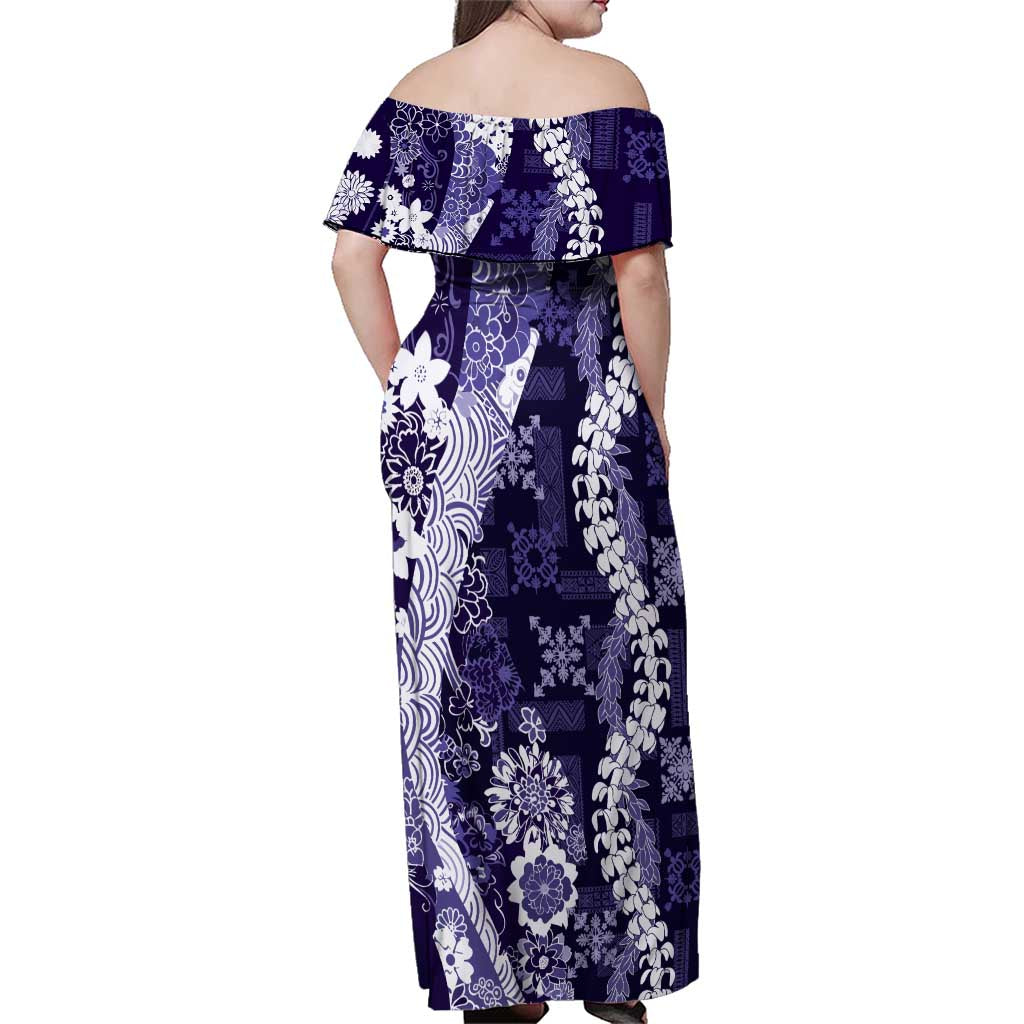 Hawaii Puakenikeni and Maile Lei Family Matching Off Shoulder Maxi Dress and Hawaiian Shirt Purple Japanese Wave Style LT9 - Polynesian Pride