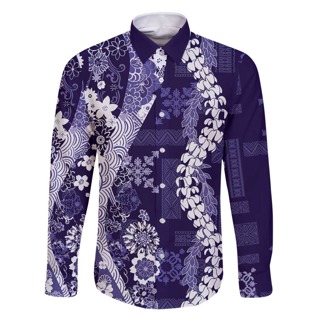 Hawaii Puakenikeni and Maile Lei Family Matching Off Shoulder Short Dress and Hawaiian Shirt Purple Japanese Wave Style LT9 Dad's Shirt - Long Sleeve Purple - Polynesian Pride