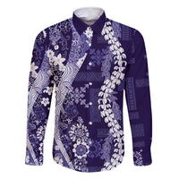 Hawaii Puakenikeni and Maile Lei Family Matching Off Shoulder Short Dress and Hawaiian Shirt Purple Japanese Wave Style LT9 Dad's Shirt - Long Sleeve Purple - Polynesian Pride