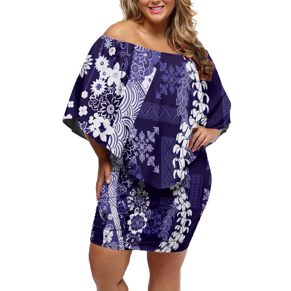 Hawaii Puakenikeni and Maile Lei Family Matching Off Shoulder Short Dress and Hawaiian Shirt Purple Japanese Wave Style LT9 Mom's Dress Purple - Polynesian Pride