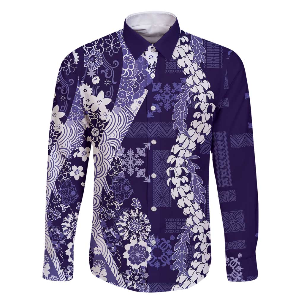 Hawaii Puakenikeni and Maile Lei Family Matching Puletasi and Hawaiian Shirt Purple Japanese Wave Style LT9 Dad's Shirt - Long Sleeve Purple - Polynesian Pride