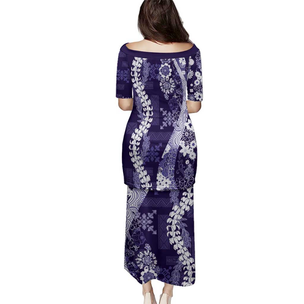 Hawaii Puakenikeni and Maile Lei Family Matching Puletasi and Hawaiian Shirt Purple Japanese Wave Style LT9 - Polynesian Pride